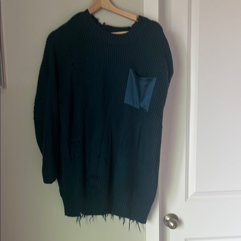 Distressed Teal Sweater with Satin Pocket